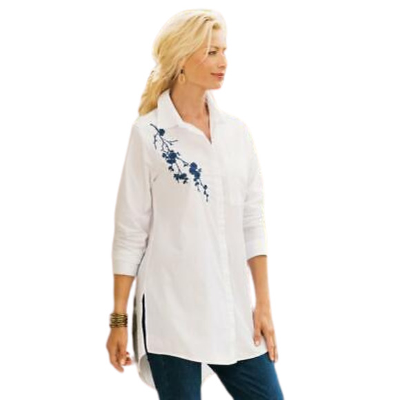 SOFT SURROUNDINGS Alexandria Tunic White Navy Floral Embroidery Women's XS - Picture 1 of 6